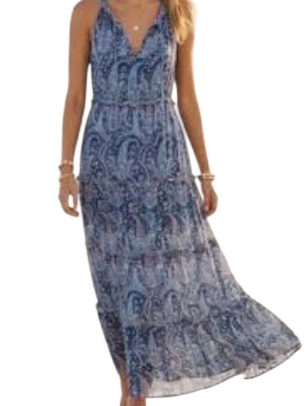 Caroline Constas Blue Paisley Tiered Halter Maxi Dress